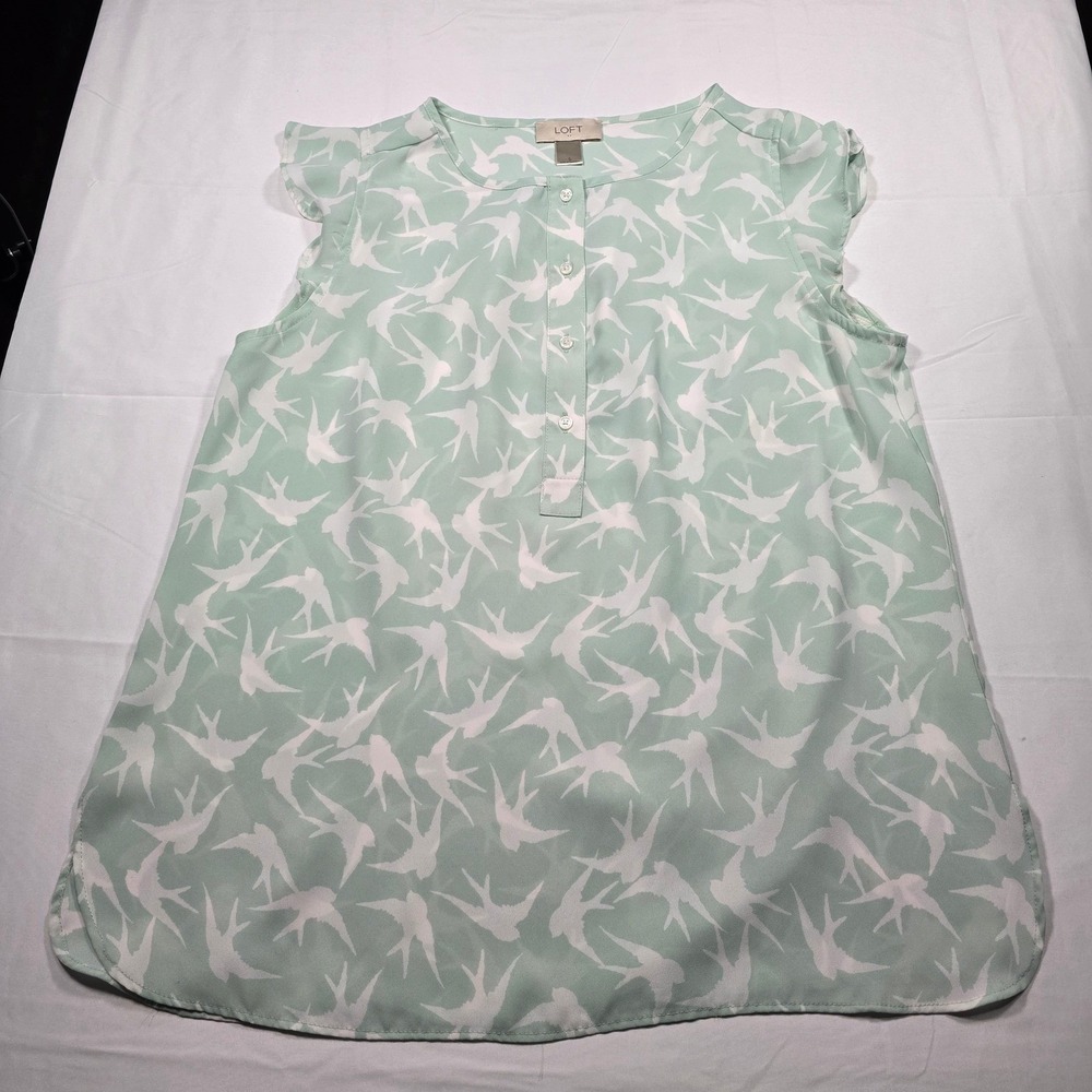 LOFT Cottagecore Bird Print Ruffle Blouse Mint‎ Green Women's Small
